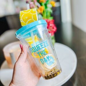 Squeeze the Day Tumbler Cup Straw Citrus Lemon Gift Set New